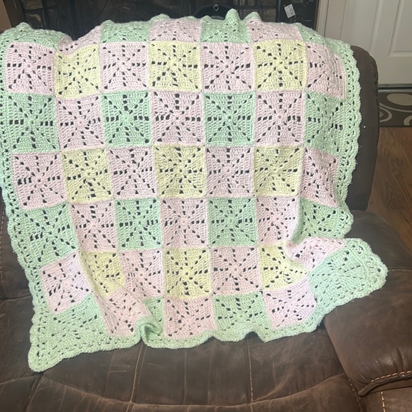 Homemade Other - Homemade Baby Blanket Knit/Crochet Green Yellow Pink
